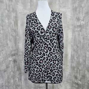 Torrid Womens Plus 1X Grey Pink Leopard Print‎ Cardigan Sweater Semi Sheer